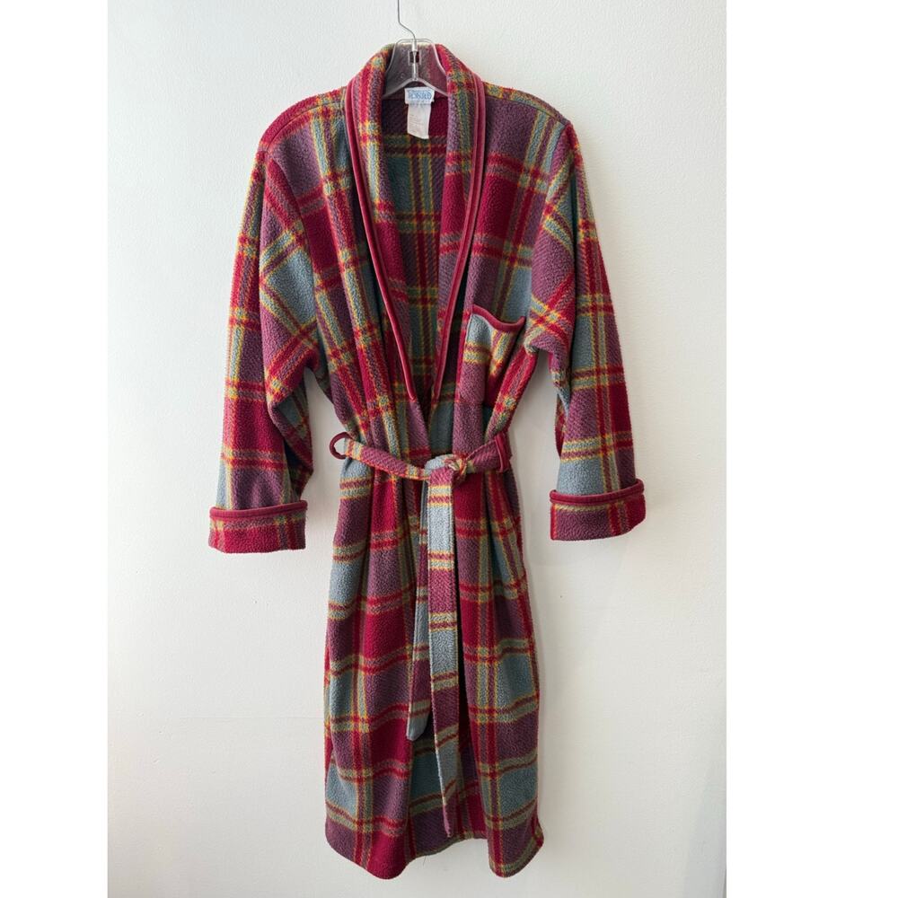 Vintage Pink Purple Plaid Flannel Fleece Robe Loungewear Bathrobe Housecoat L